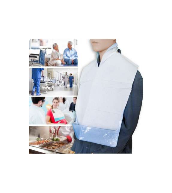 100 pz BAVAGLIO GERIATRICO TNT+PE Monouso Impermeabile Assorbente con Tasca